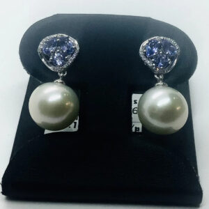 South Sea Pearl, Tanzanite Diamond Dangle Earrings