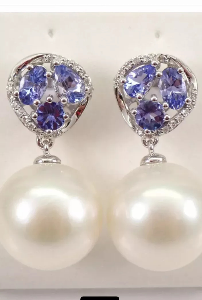 South Sea Pearl, Tanzanite Diamond Dangle Earrings - Image 2