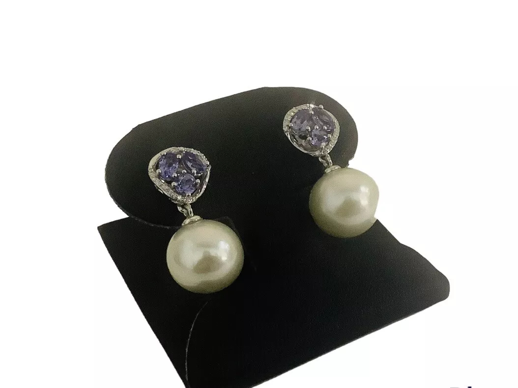 South Sea Pearl, Tanzanite Diamond Dangle Earrings - Image 3