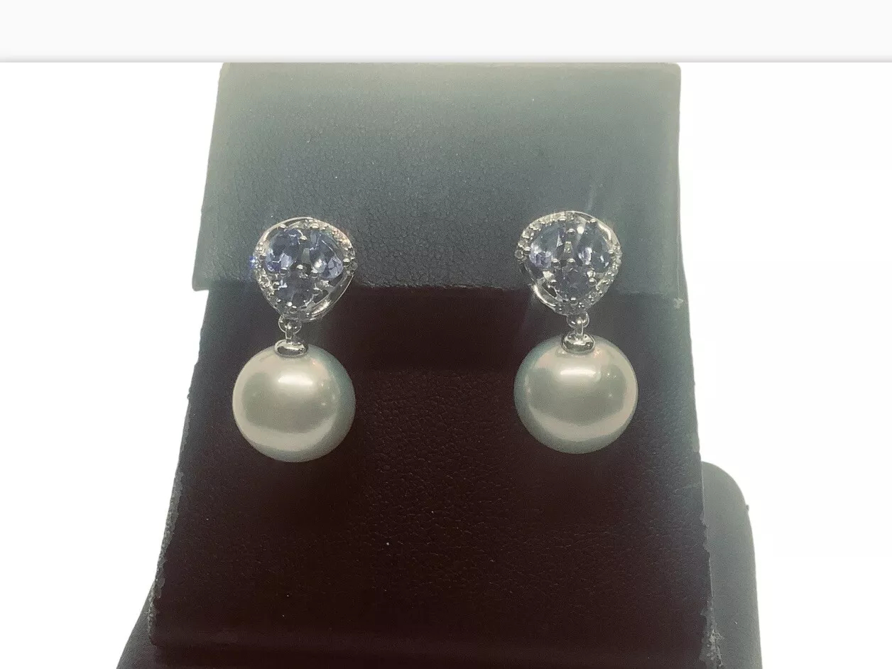 South Sea Pearl, Tanzanite Diamond Dangle Earrings - Image 4