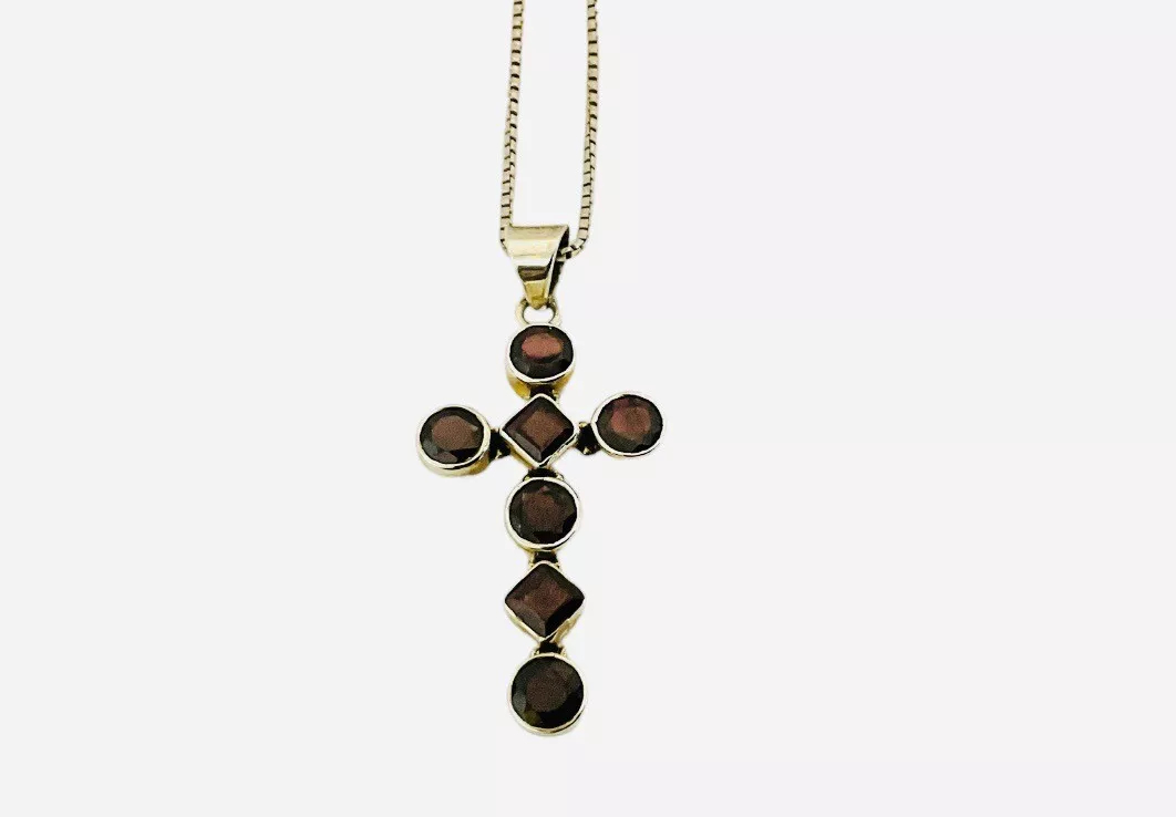 Garnet Handcrafted Cross Pendant Necklace 18”