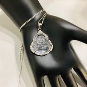 Healing Rock Crystal, Diamonds, Buddha Necklace, 18”
