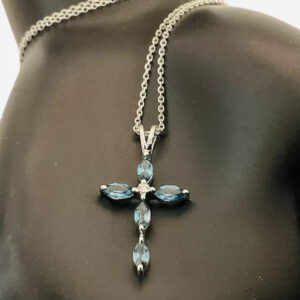 Blue Topaz, Gemstone Cross Necklace 18”
