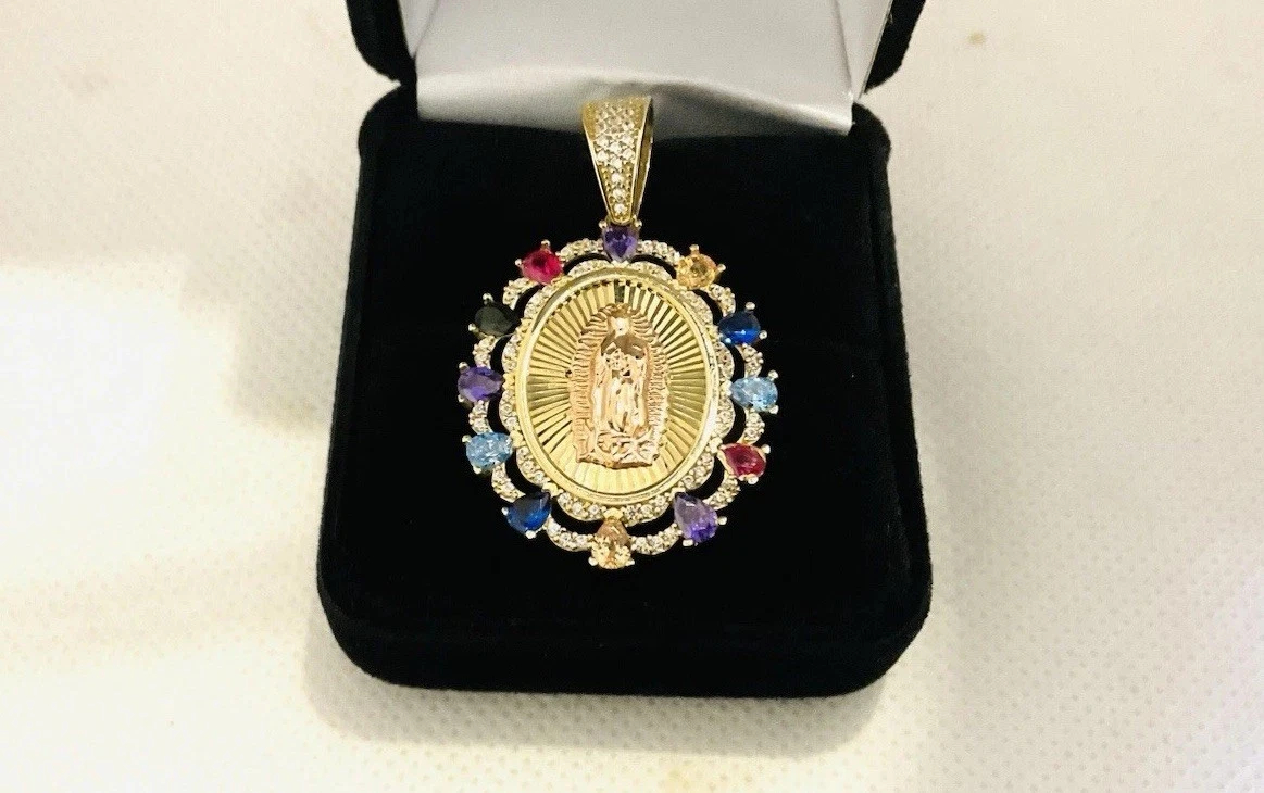 14k Gold Multi Color CZ Guadalupe Medium Size Pendant