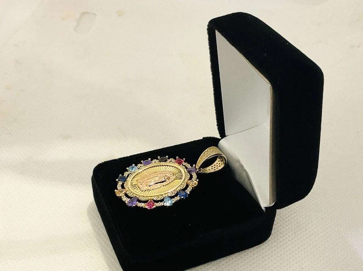 14k Gold Multi Color CZ Guadalupe Medium Size Pendant - Image 2