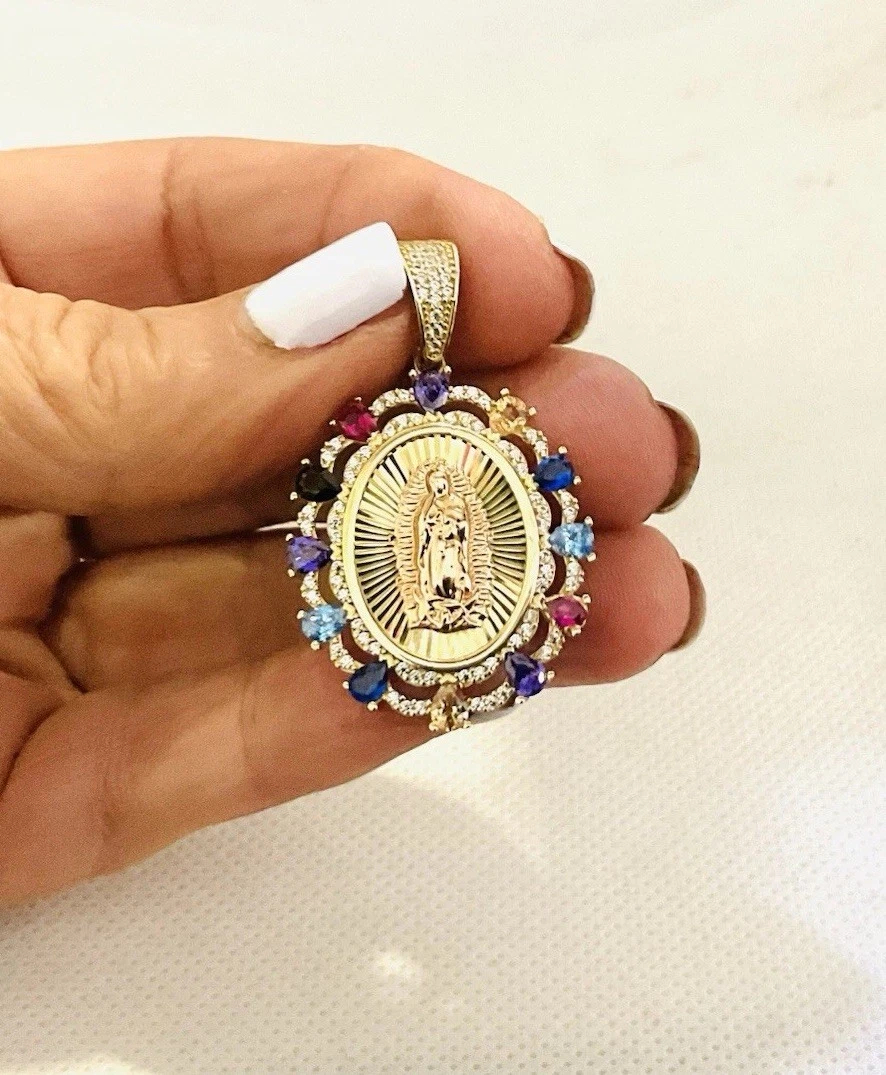 14k Gold Multi Color CZ Guadalupe Medium Size Pendant - Image 3