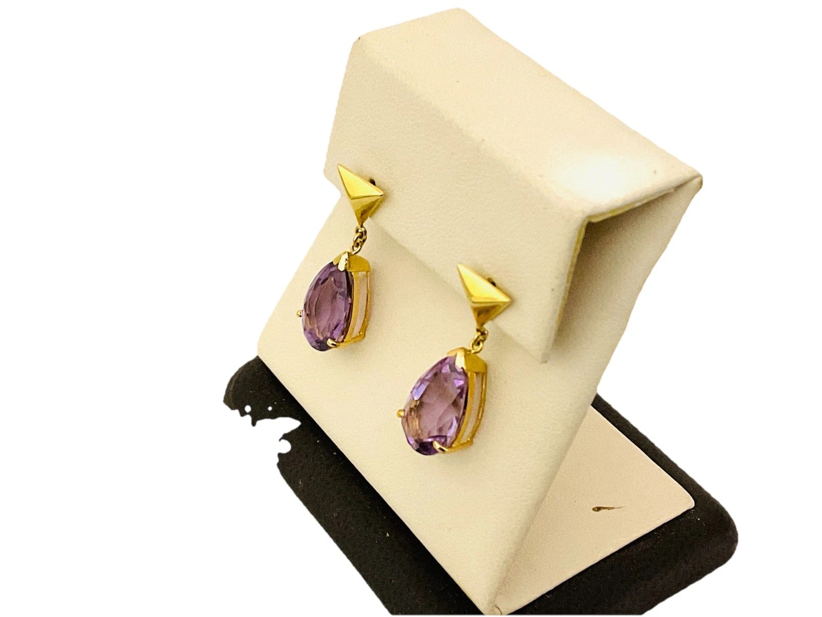 18k Gold Facetted Dangle Pear Shape Dangle Post Earrings - Image 3