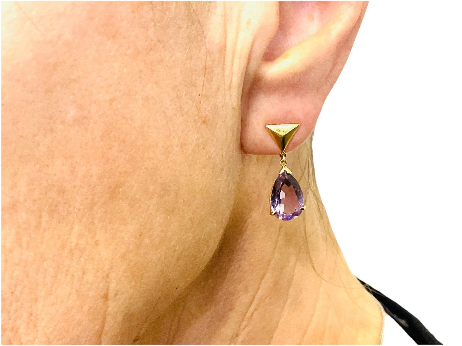 18k Gold Facetted Dangle Pear Shape Dangle Post Earrings - Image 4
