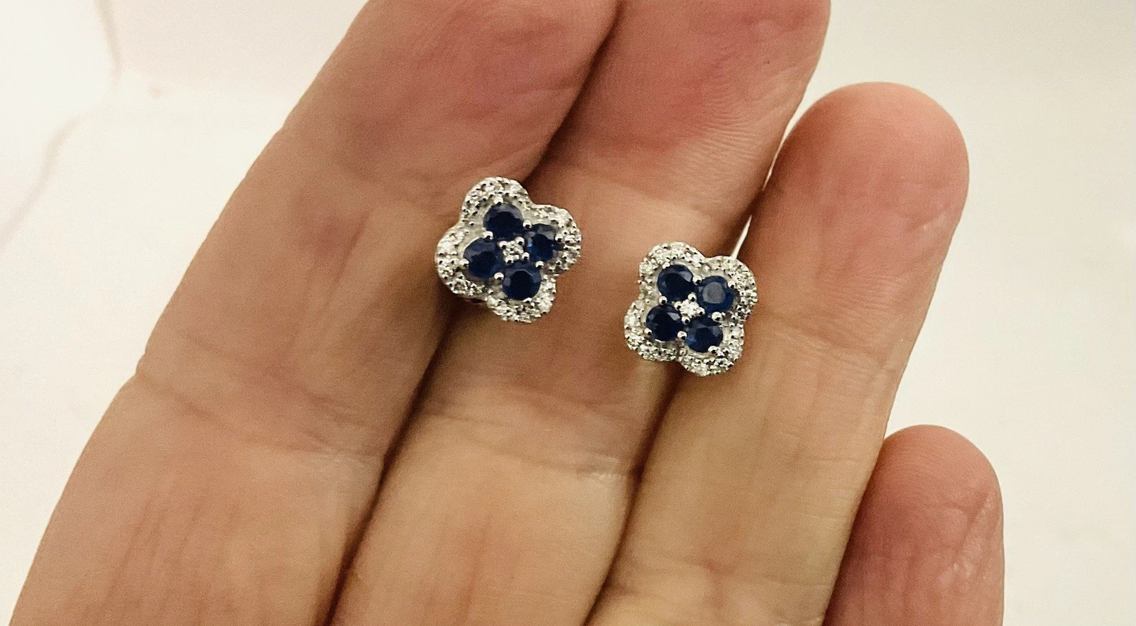 Blue Sapphire Diamond 10k White Gold Earrings Studs - Image 2